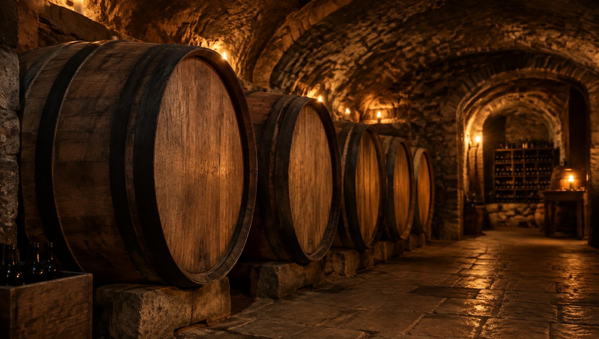 Cava de piedra con barricas de roble iluminadas por luz cálida