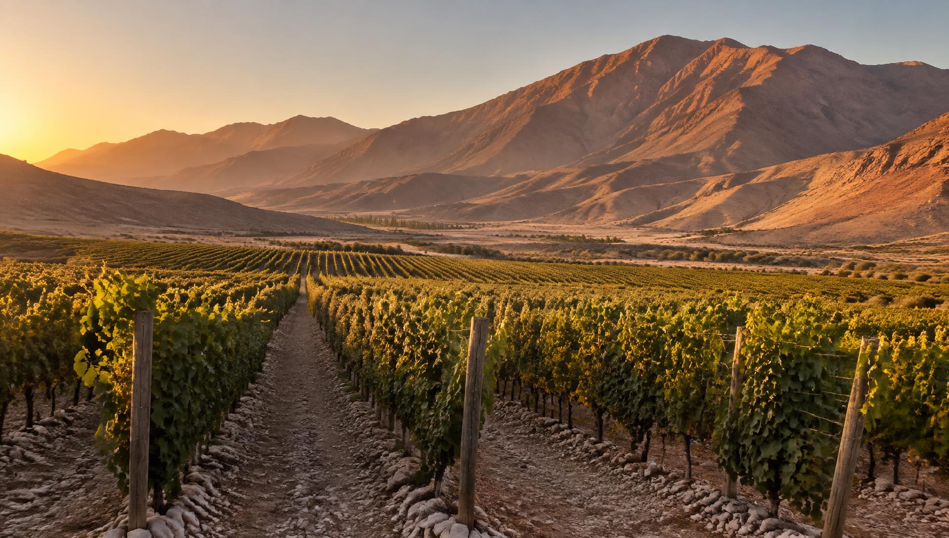 Hileras de viñedo frente a montañas áridas al atardecer